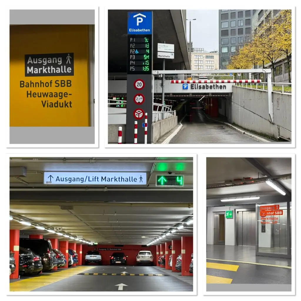 Parking Elisabethen Basel: Einfahrt, Parkdeck und Ausgang Markthalle Richtung Bahnhof SBB